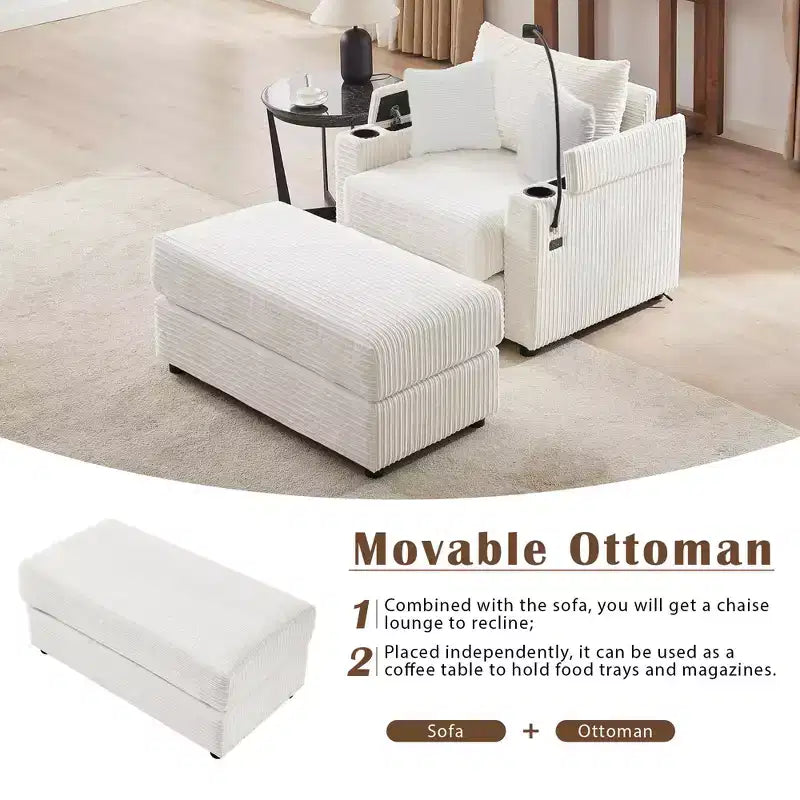 Divano singolo in velluto a coste beige con pouf contenitore e portabicchieri, 1 posto