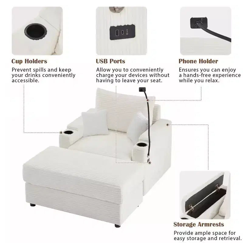 Divano singolo in velluto a coste beige con pouf contenitore e portabicchieri, 1 posto
