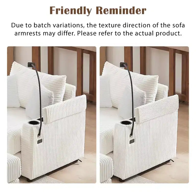 Divano singolo in velluto a coste beige con pouf contenitore e portabicchieri, 1 posto