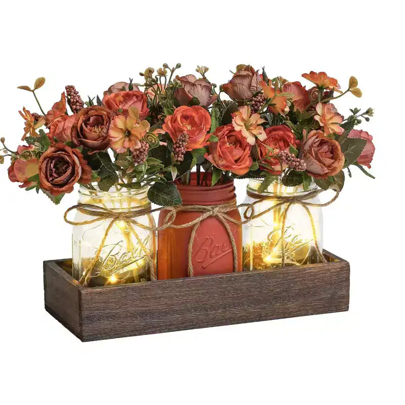 Table Centerpieces Decor Mason Jar - 3 Pcs Rustic Spring Decor with Fake Blue Flowers, Wood Tray & Remote Timer Lights, Artificial Flower Table Decor
