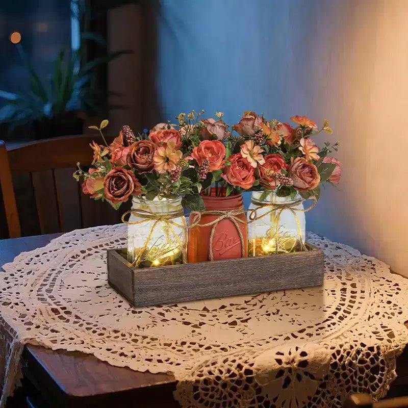 Set centrotavola da 3 pezzi in barattoli Mason stile fattoria rustica blu