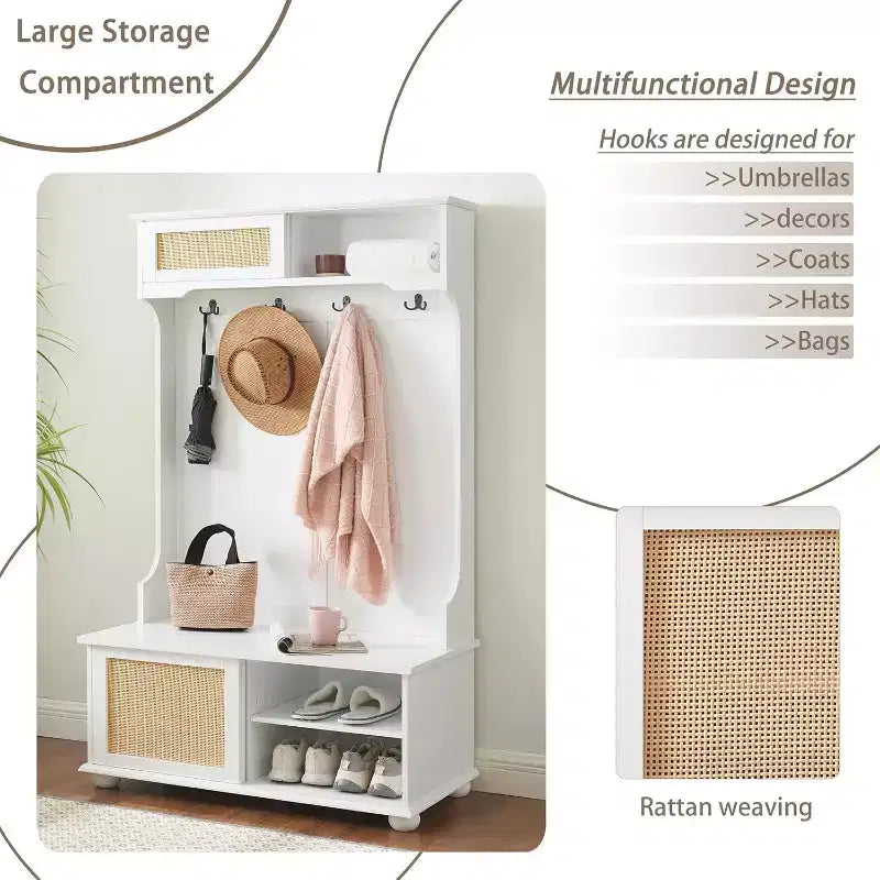 Attaccapanni da ingresso Gray/White Rattan-Door con panca, 4 in 1, montaggio per 2 persone, 40,16×18,58×64,17 pollici