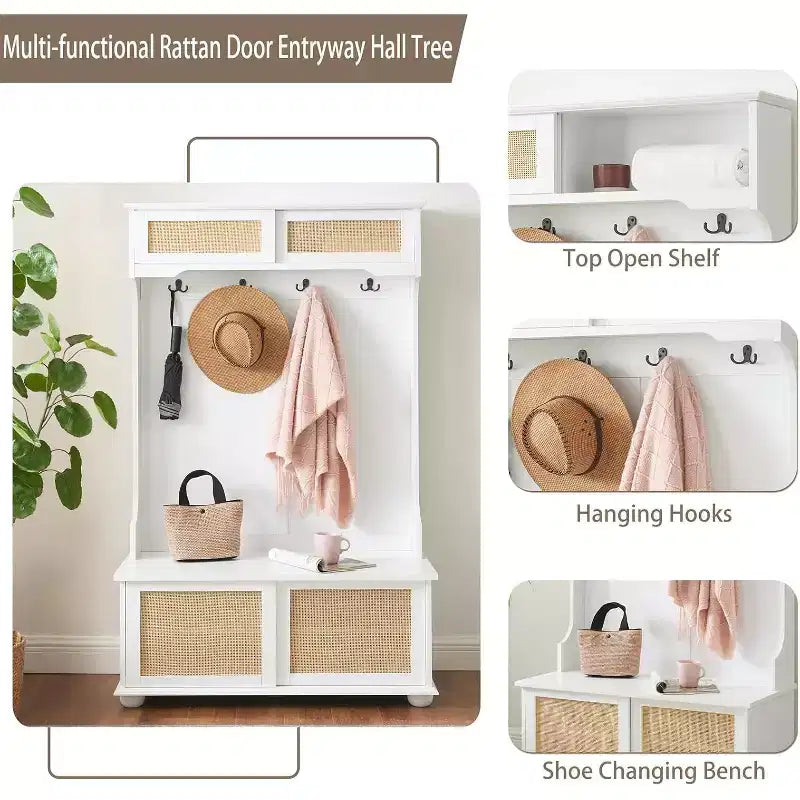 Attaccapanni da ingresso Gray/White Rattan-Door con panca, 4 in 1, montaggio per 2 persone, 40,16×18,58×64,17 pollici