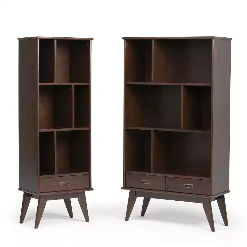 Libreria moderna di metà secolo, nera, larga 89 cm, con mobiletti | 6 ripiani, 2 cassetti | Montaggio 1 persona