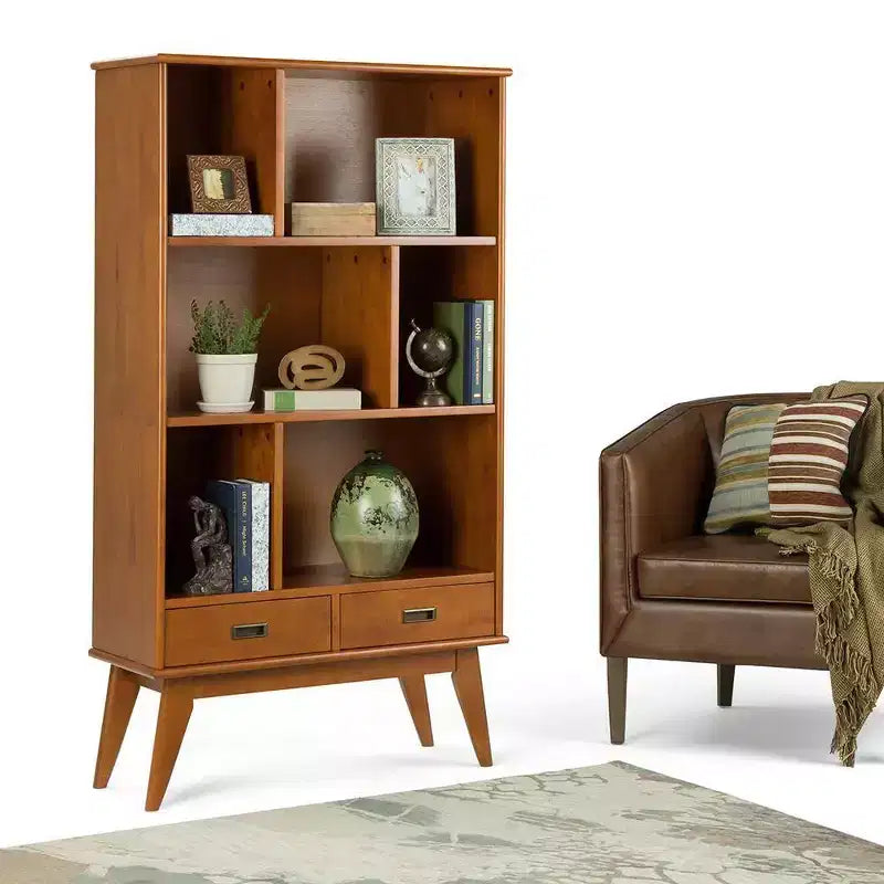 Libreria moderna di metà secolo, nera, larga 89 cm, con mobiletti | 6 ripiani, 2 cassetti | Montaggio 1 persona