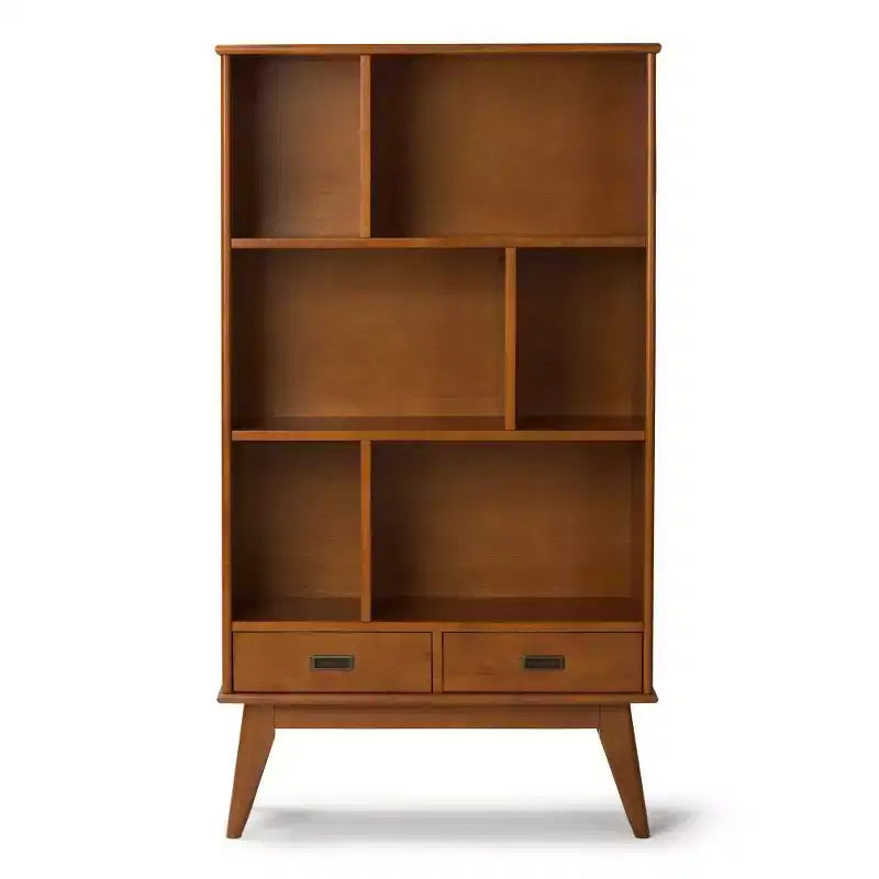 Libreria moderna di metà secolo, nera, larga 89 cm, con mobiletti | 6 ripiani, 2 cassetti | Montaggio 1 persona