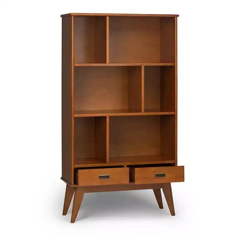 Libreria moderna di metà secolo, nera, larga 89 cm, con mobiletti | 6 ripiani, 2 cassetti | Montaggio 1 persona