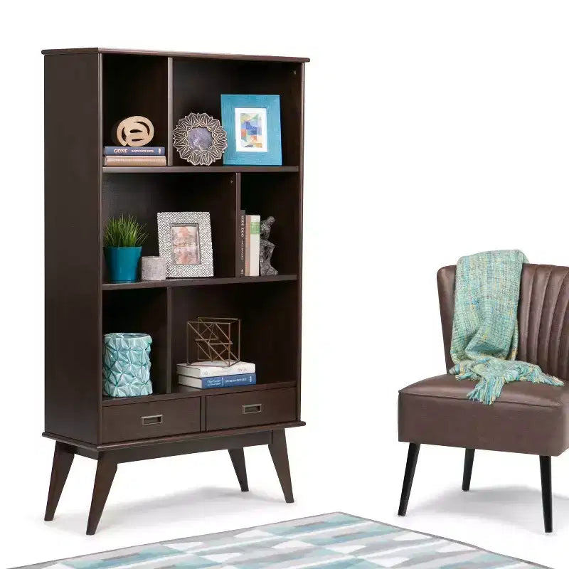 Libreria moderna di metà secolo, nera, larga 89 cm, con mobiletti | 6 ripiani, 2 cassetti | Montaggio 1 persona