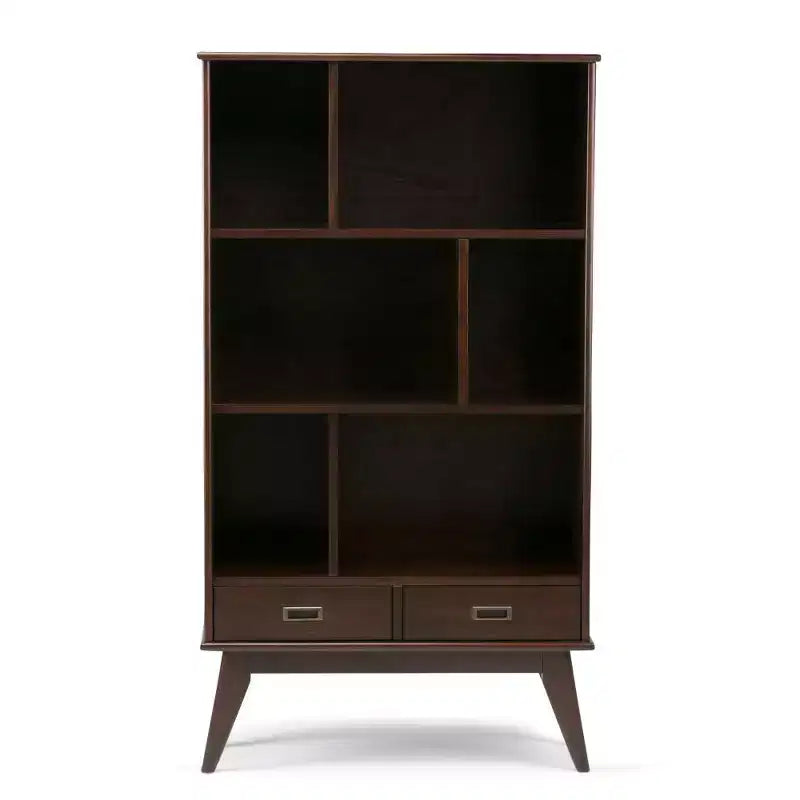 Libreria moderna di metà secolo, nera, larga 89 cm, con mobiletti | 6 ripiani, 2 cassetti | Montaggio 1 persona