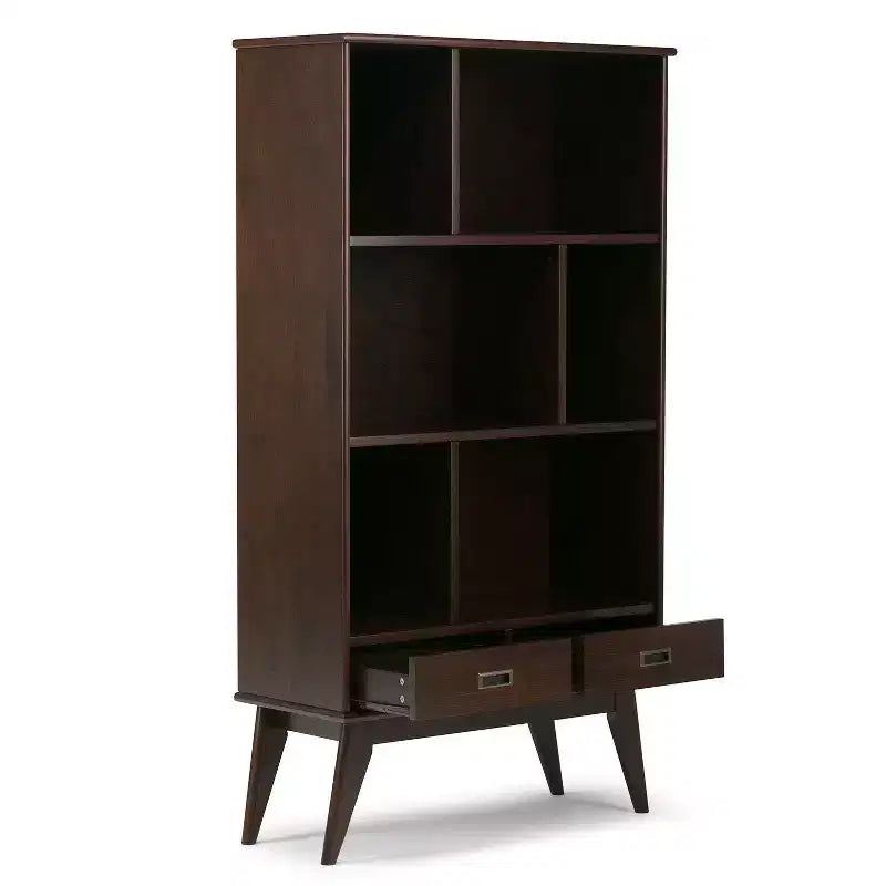 Libreria moderna di metà secolo, nera, larga 89 cm, con mobiletti | 6 ripiani, 2 cassetti | Montaggio 1 persona