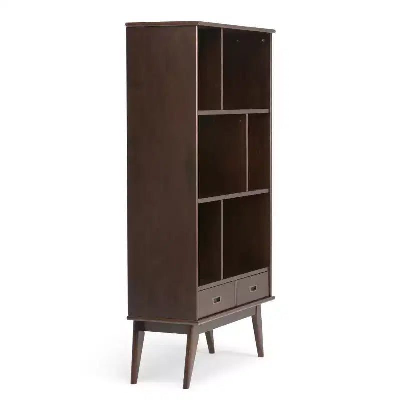 Libreria moderna di metà secolo, nera, larga 89 cm, con mobiletti | 6 ripiani, 2 cassetti | Montaggio 1 persona