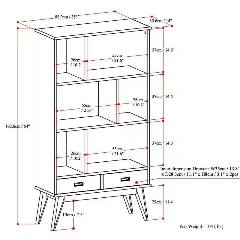 Libreria moderna di metà secolo, nera, larga 89 cm, con mobiletti | 6 ripiani, 2 cassetti | Montaggio 1 persona