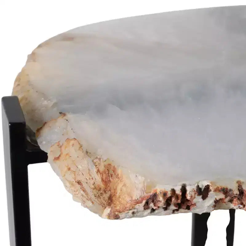 Tavolino rotondo bianco e nero – piano in pietra con struttura a treppiede in metallo nero, 1 persona