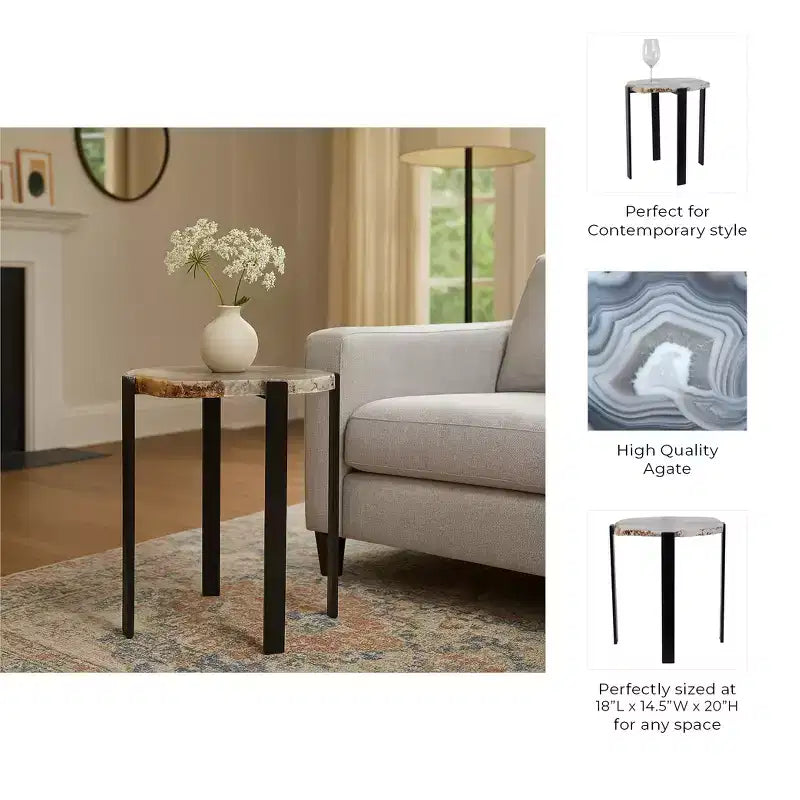 Tavolino rotondo bianco e nero – piano in pietra con struttura a treppiede in metallo nero, 1 persona