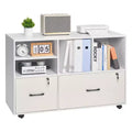 2-Drawer Wooden File Cabinet with Wheels Lockable Lateral Filing with Open Shelves Printer Stand White