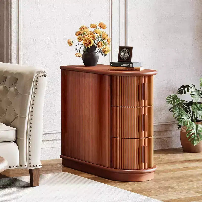 Tavolino marrone con 3 cassetti, Gambe in legno, Singolo, Finitura noce