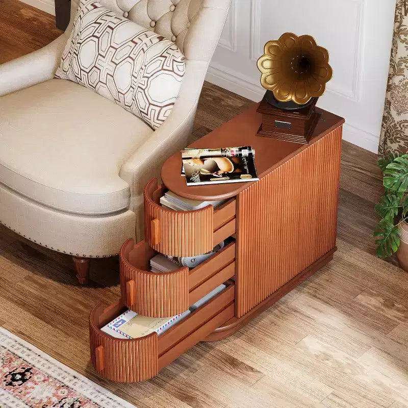 Tavolino marrone con 3 cassetti, Gambe in legno, Singolo, Finitura noce