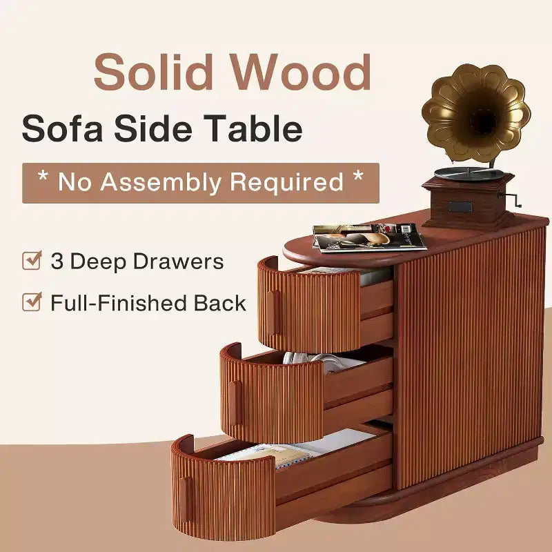 Tavolino marrone con 3 cassetti, Gambe in legno, Singolo, Finitura noce