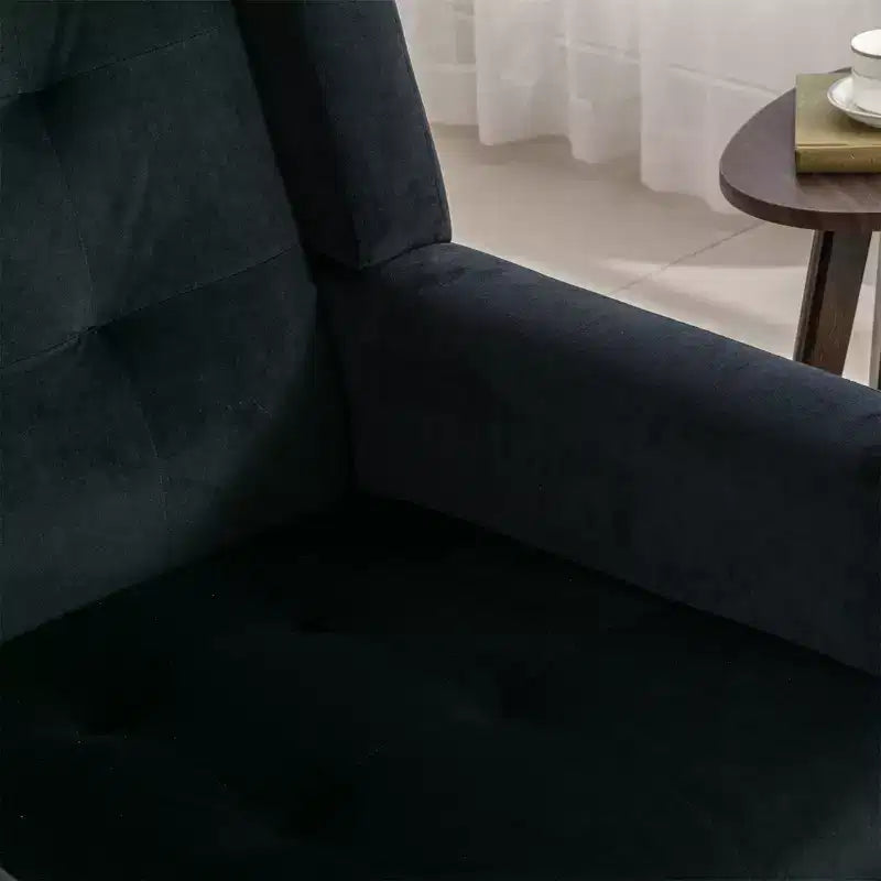 Poltrona d'accento in velluto grigio con braccioli, seduta singola, gambe in legno nero
