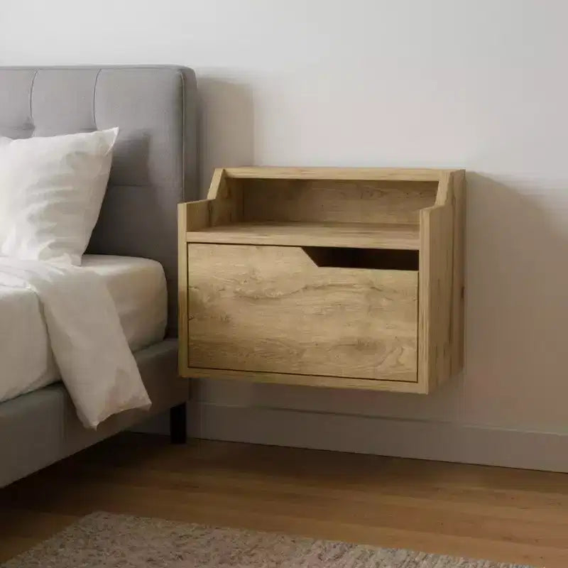 Comodino galleggiante a 1 cassetto in legno beige, singolo