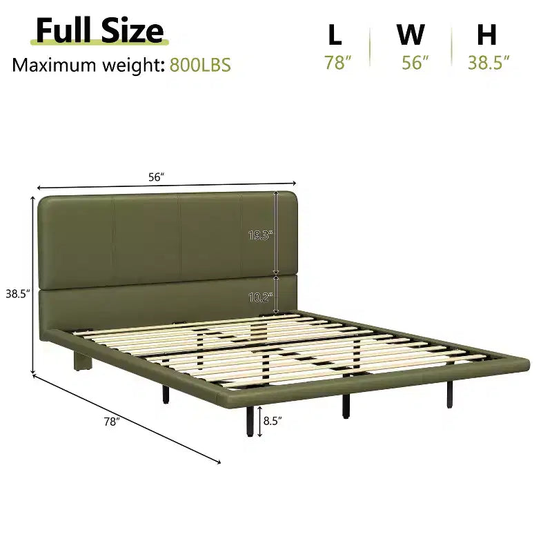 Letto a piattaforma flottante in pelle PU caffè/verde con LED, Full/Queen, 1-2 persone