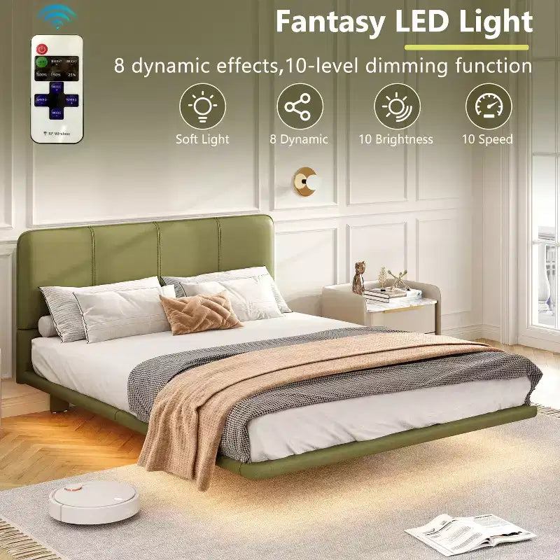 Letto a piattaforma flottante in pelle PU caffè/verde con LED, Full/Queen, 1-2 persone
