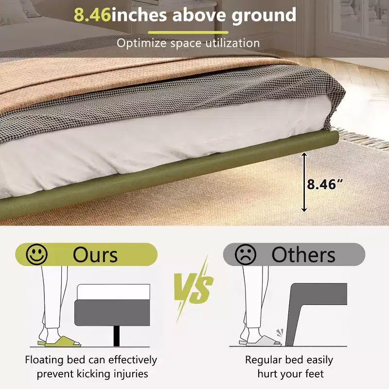 Letto a piattaforma flottante in pelle PU caffè/verde con LED, Full/Queen, 1-2 persone