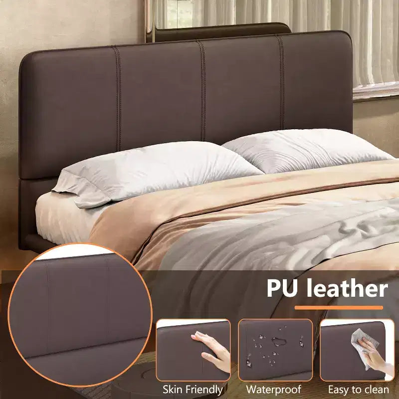 Letto a piattaforma flottante in pelle PU caffè/verde con LED, Full/Queen, 1-2 persone