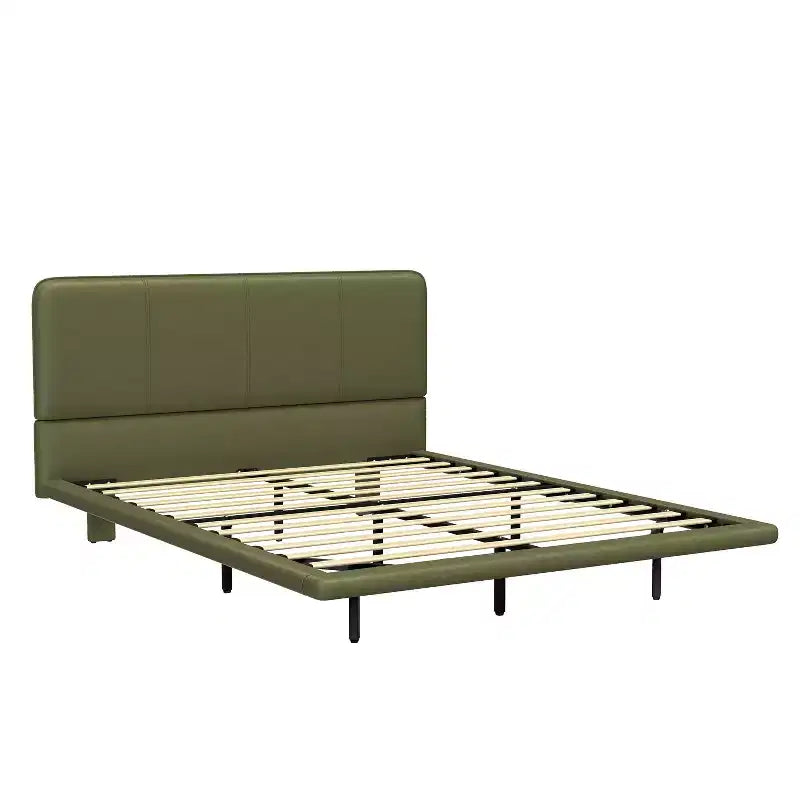 Letto a piattaforma flottante in pelle PU caffè/verde con LED, Full/Queen, 1-2 persone