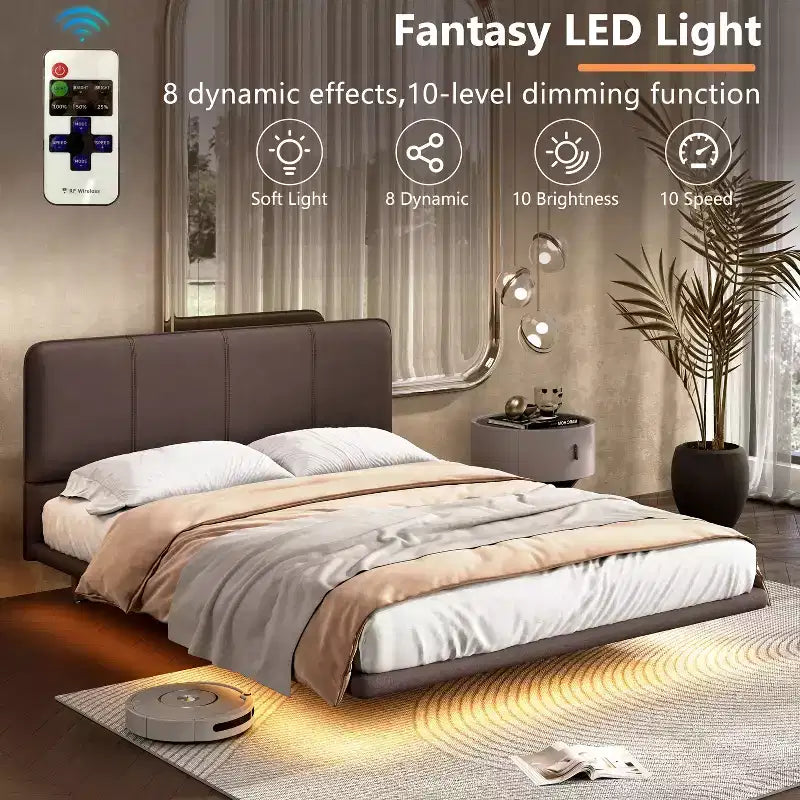 Letto a piattaforma flottante in pelle PU caffè/verde con LED, Full/Queen, 1-2 persone