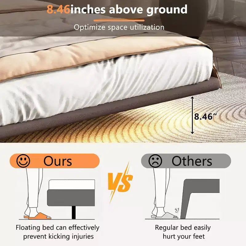 Letto a piattaforma flottante in pelle PU caffè/verde con LED, Full/Queen, 1-2 persone