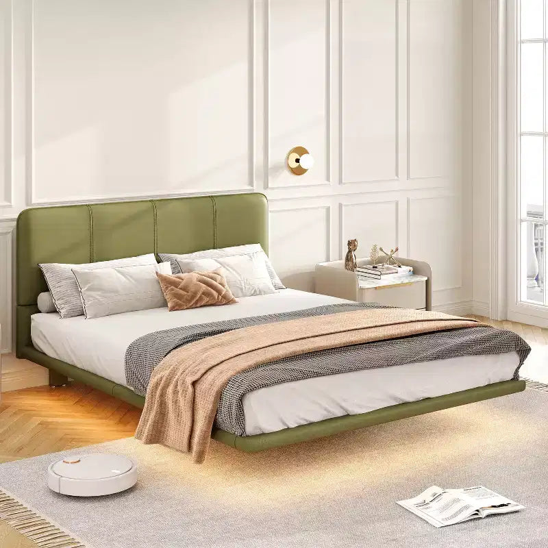 Letto a piattaforma flottante in pelle PU caffè/verde con LED, Full/Queen, 1-2 persone