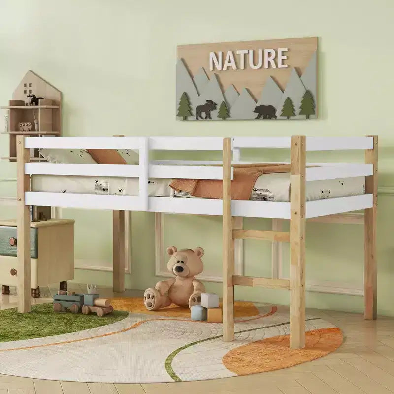 Letto a soppalco singolo con scaletta, Naturale + Bianco, per 1 Bambino/Ragazzo