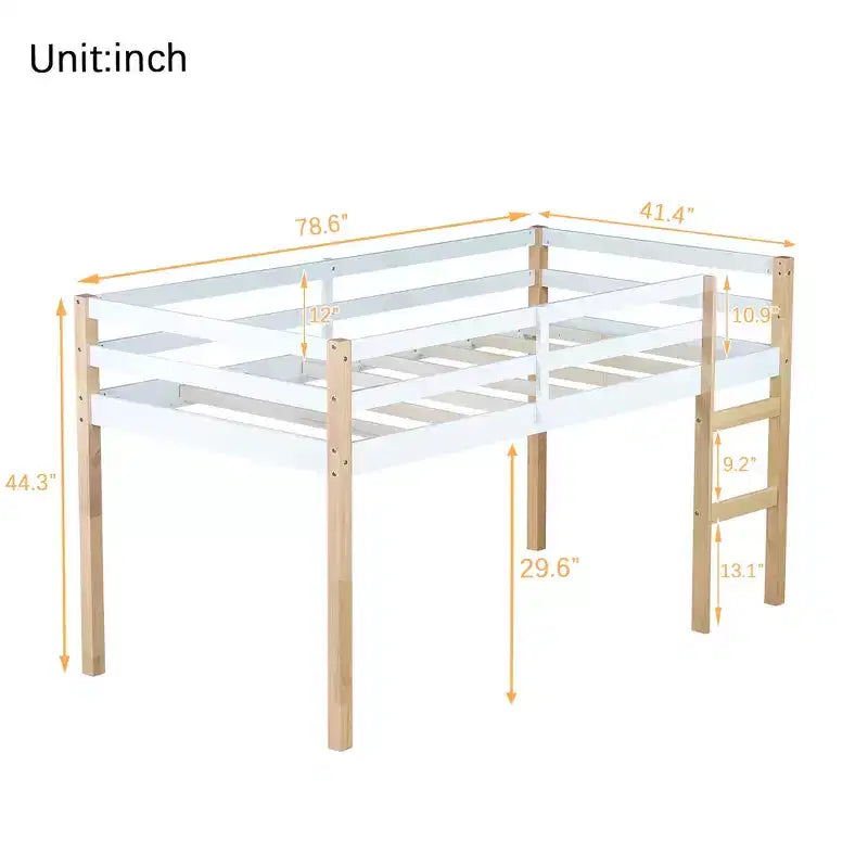 Letto a soppalco singolo con scaletta, Naturale + Bianco, per 1 Bambino/Ragazzo
