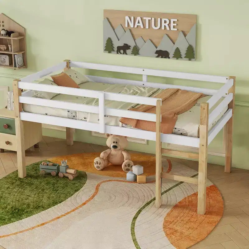 Letto a soppalco singolo con scaletta, Naturale + Bianco, per 1 Bambino/Ragazzo