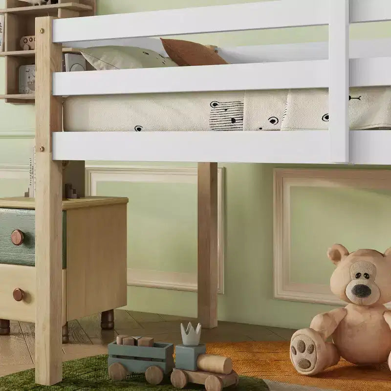 Letto a soppalco singolo con scaletta, Naturale + Bianco, per 1 Bambino/Ragazzo