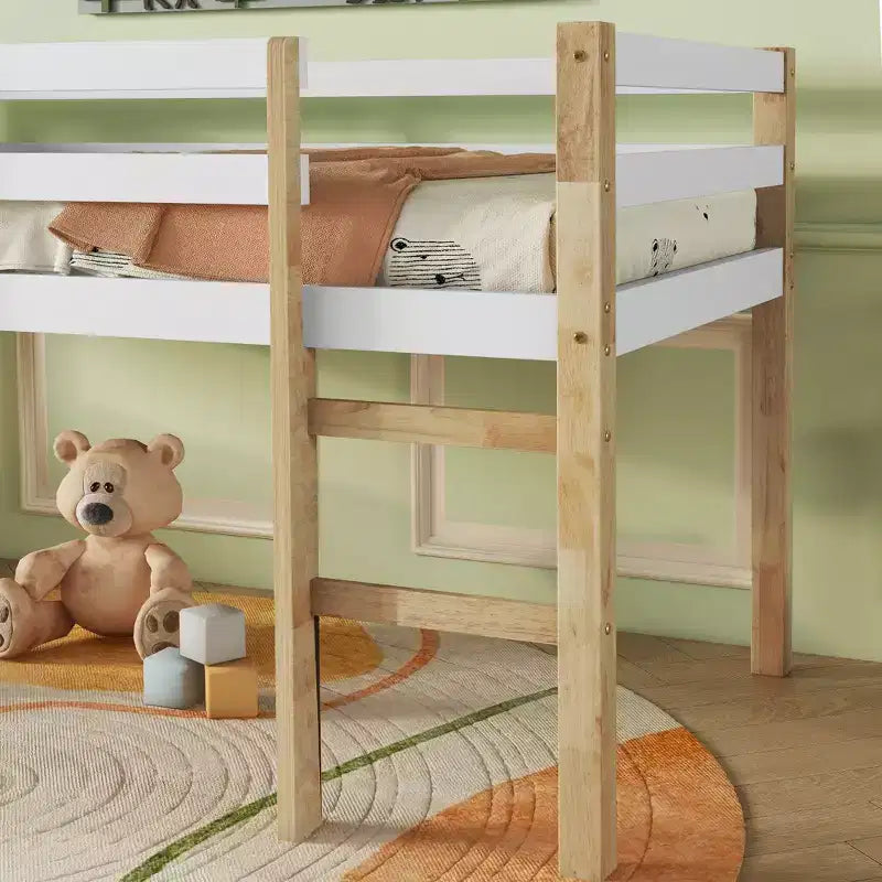 Letto a soppalco singolo con scaletta, Naturale + Bianco, per 1 Bambino/Ragazzo