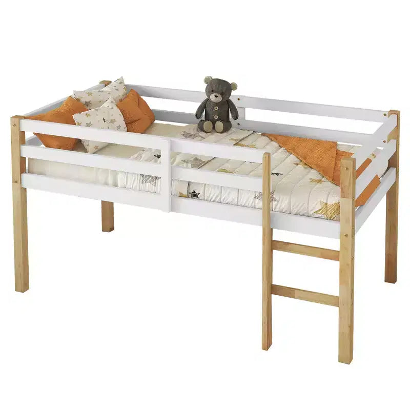 Letto a soppalco singolo con scaletta, Naturale + Bianco, per 1 Bambino/Ragazzo