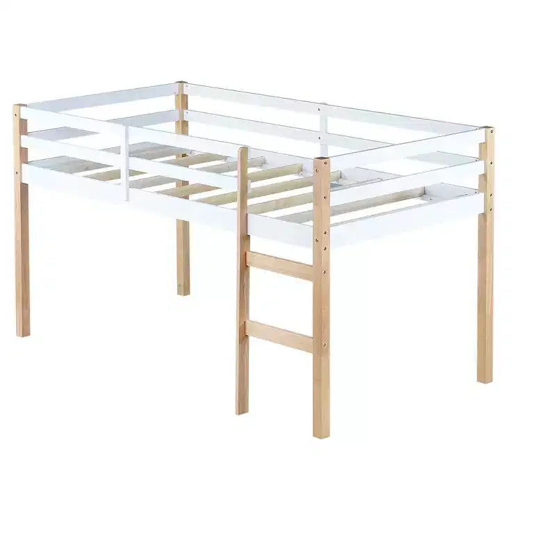 Letto a soppalco singolo con scaletta, Naturale + Bianco, per 1 Bambino/Ragazzo