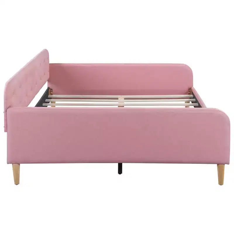 Divano letto imbottito in lino Beige/Rosa, matrimoniale, per 1-2 persone