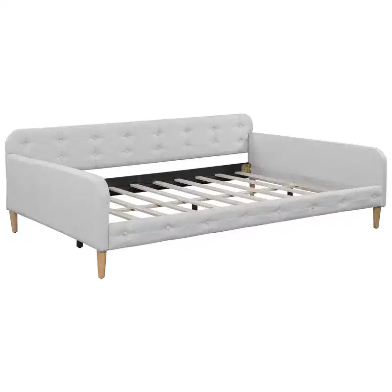 Divano letto imbottito in lino Beige/Rosa, matrimoniale, per 1-2 persone