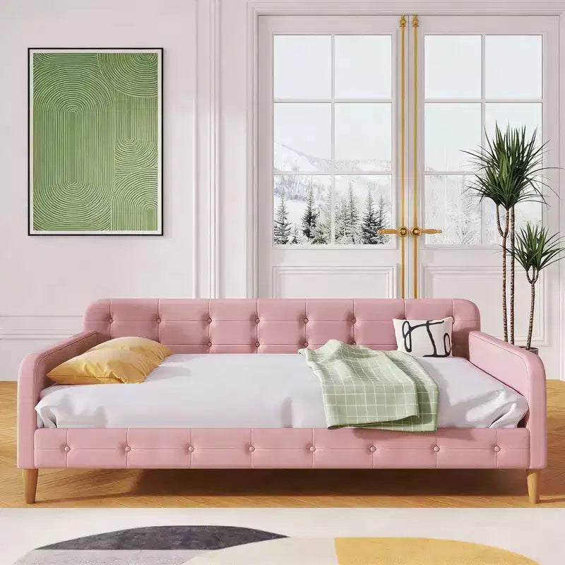 Divano letto imbottito in lino Beige/Rosa, matrimoniale, per 1-2 persone