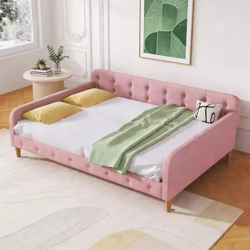 Divano letto imbottito in lino Beige/Rosa, matrimoniale, per 1-2 persone