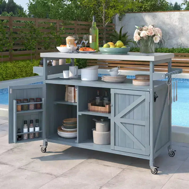 Isola da Cucina Mobile da Esterno Grigio-Azzurro con Top in Acciaio Inox, Stile Rustico, Uso Individuale