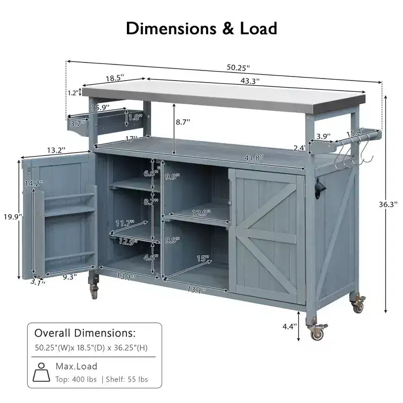 Isola da Cucina Mobile da Esterno Grigio-Azzurro con Top in Acciaio Inox, Stile Rustico, Uso Individuale