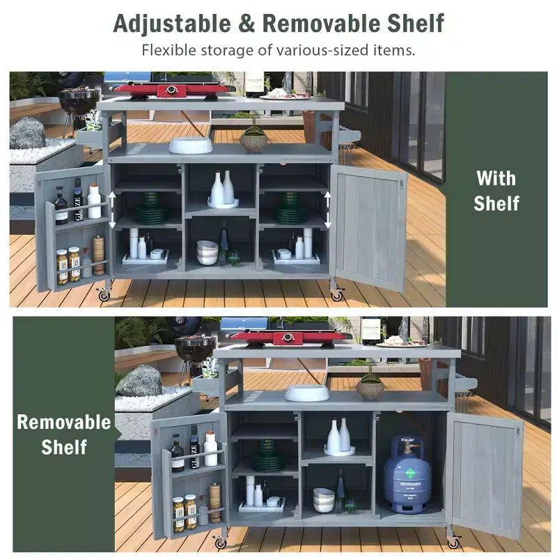 Isola da Cucina Mobile da Esterno Grigio-Azzurro con Top in Acciaio Inox, Stile Rustico, Uso Individuale