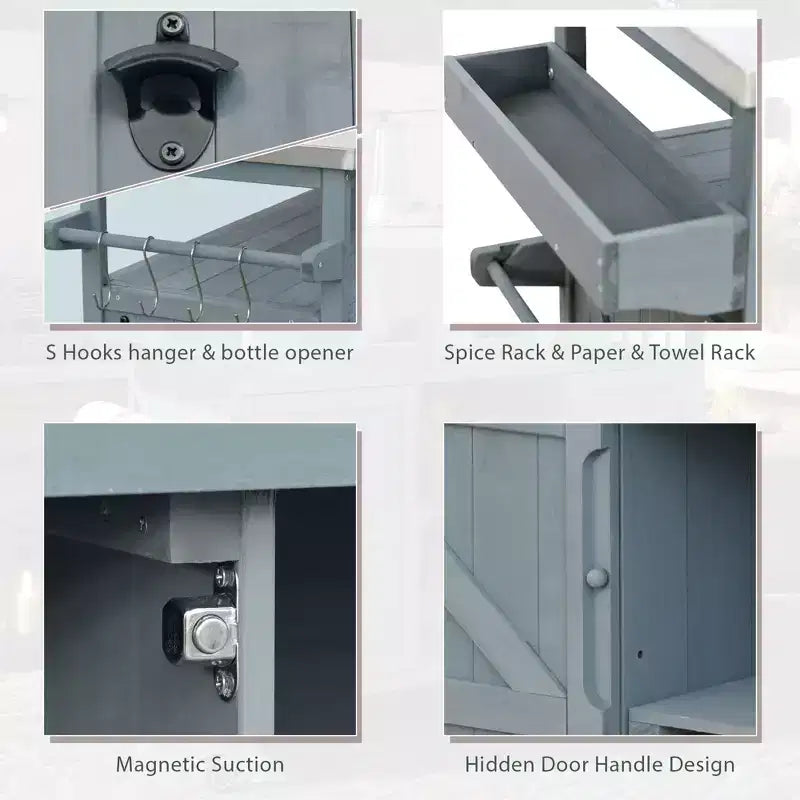Isola da Cucina Mobile da Esterno Grigio-Azzurro con Top in Acciaio Inox, Stile Rustico, Uso Individuale