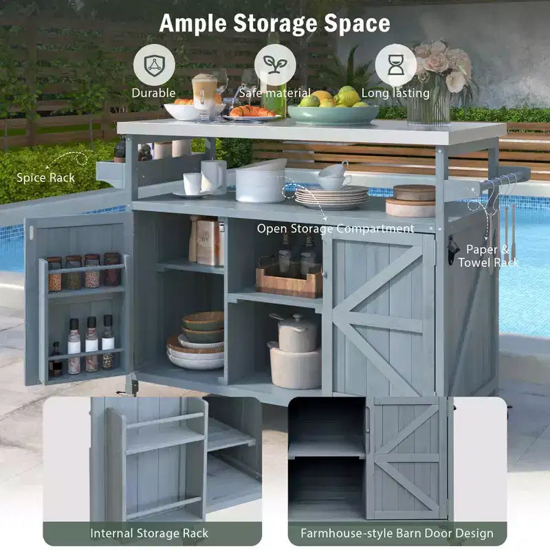 Isola da Cucina Mobile da Esterno Grigio-Azzurro con Top in Acciaio Inox, Stile Rustico, Uso Individuale