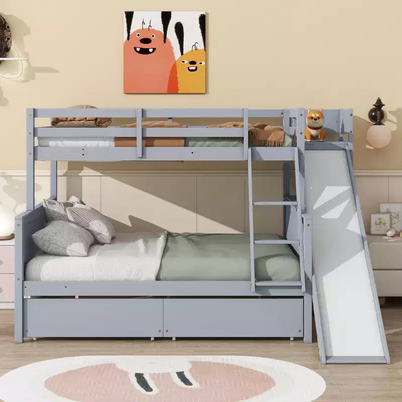 Grigio/Bianco, Letto a castello a due piazze con scivolo e cassetti, 2 persone