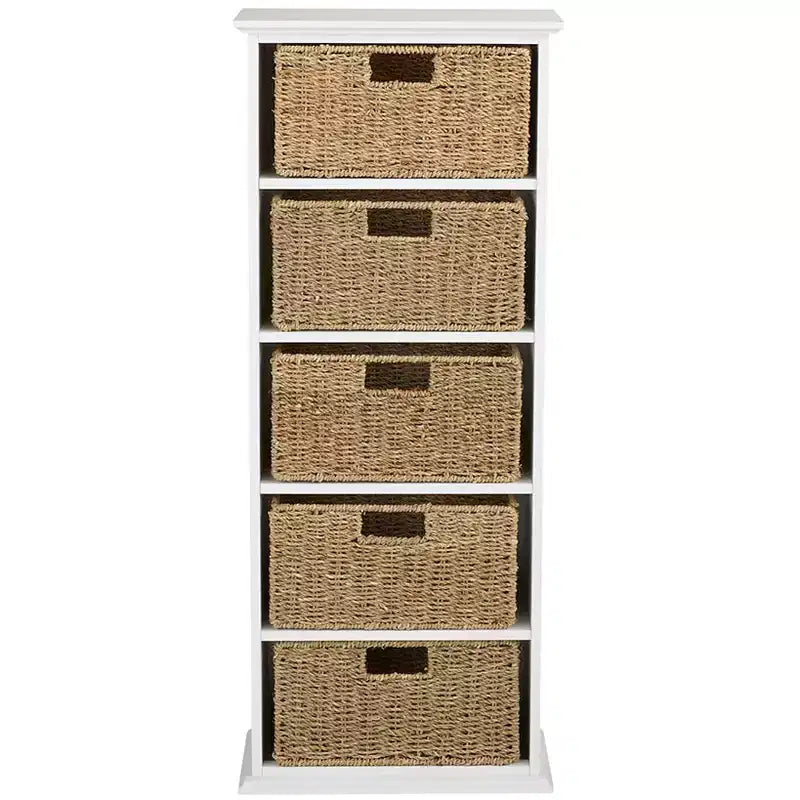 Scaffale in Legno Marrone Naturale con Cestini in Erba Marina – 5 Ripiani, Montaggio per 1 Persona